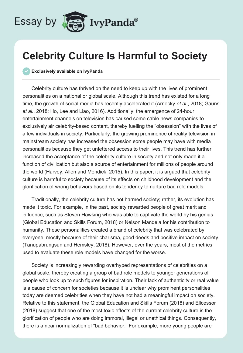 Celebrity Culture Is Harmful to Society. Page 1