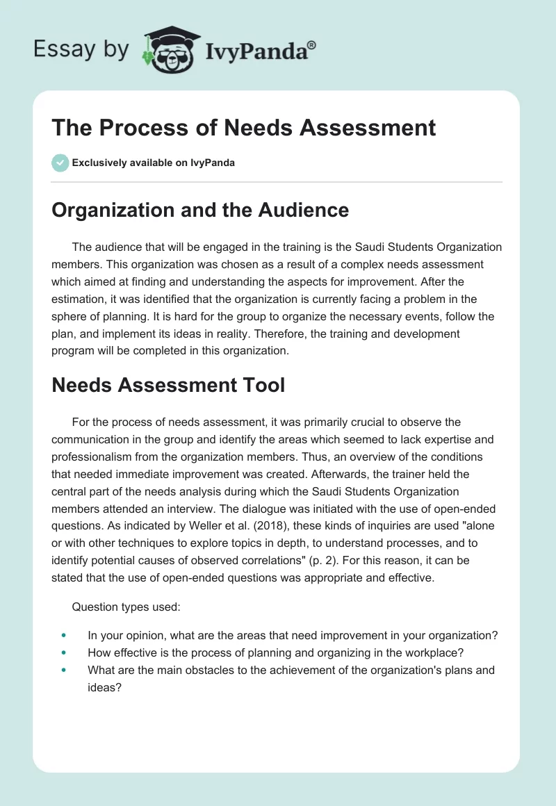 The Process of Needs Assessment. Page 1