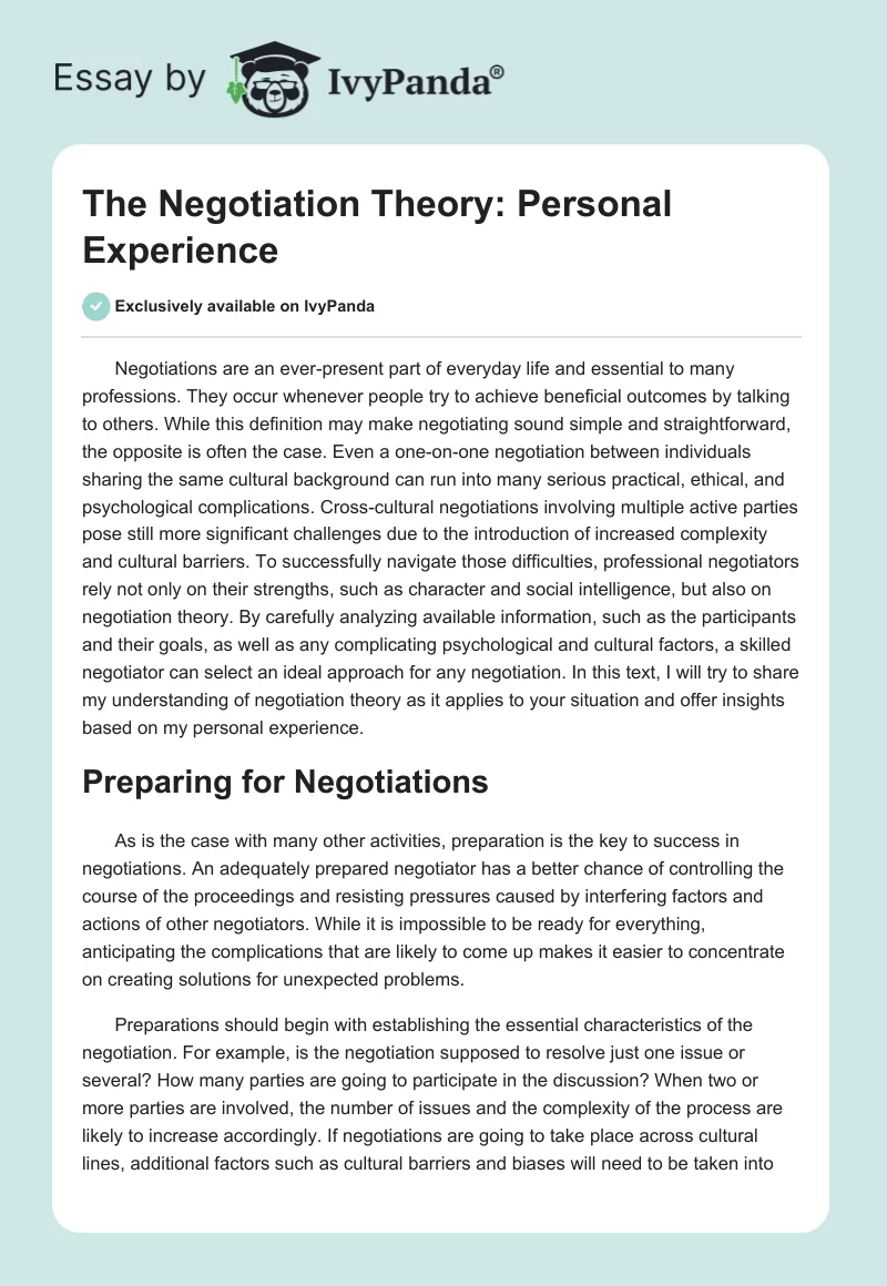 The Negotiation Theory: Personal Experience. Page 1