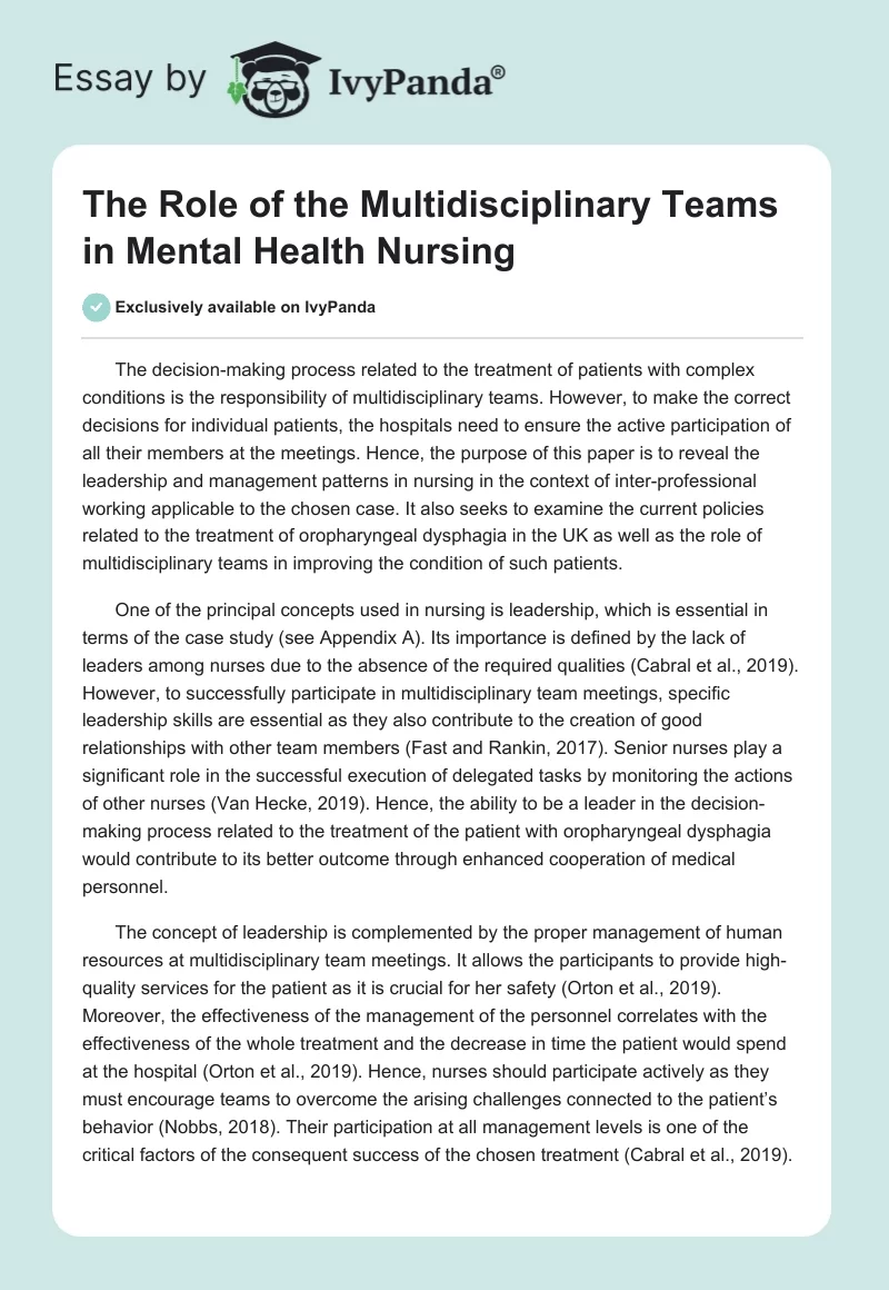 The Role of the Multidisciplinary Teams in Mental Health Nursing. Page 1