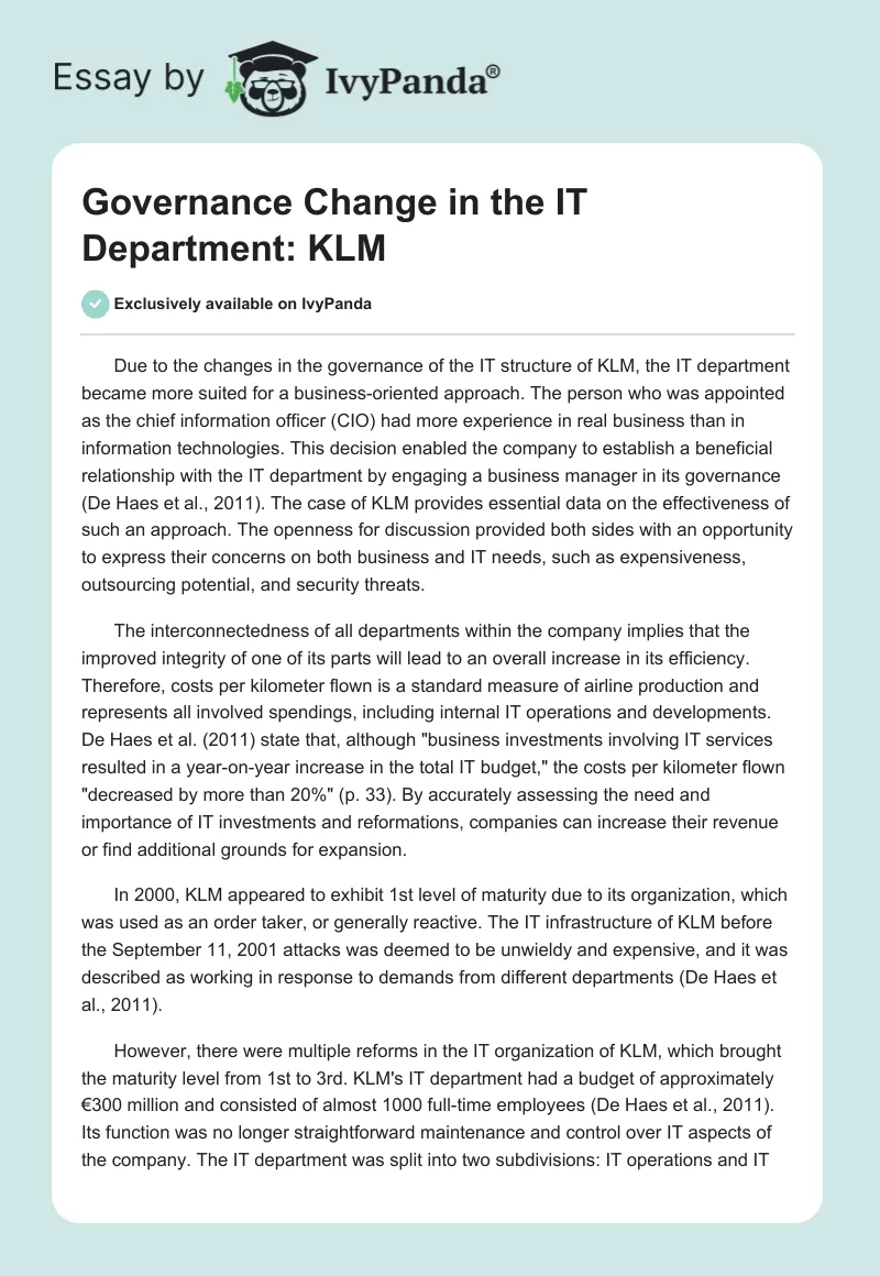 Governance Change in the IT Department: KLM. Page 1