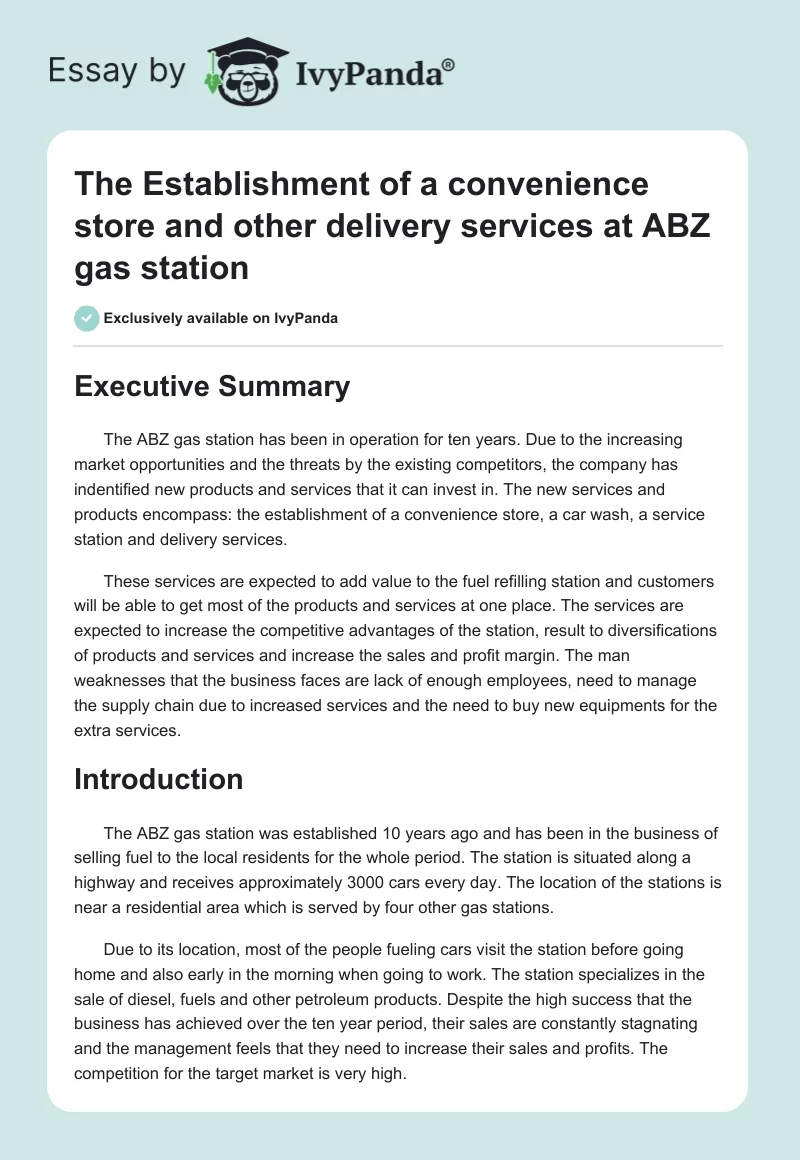 The Establishment of a convenience store and other delivery services at ABZ gas station. Page 1