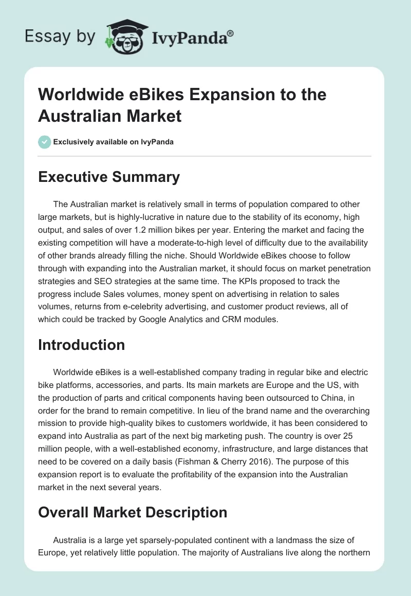 Worldwide eBikes Expansion to the Australian Market. Page 1