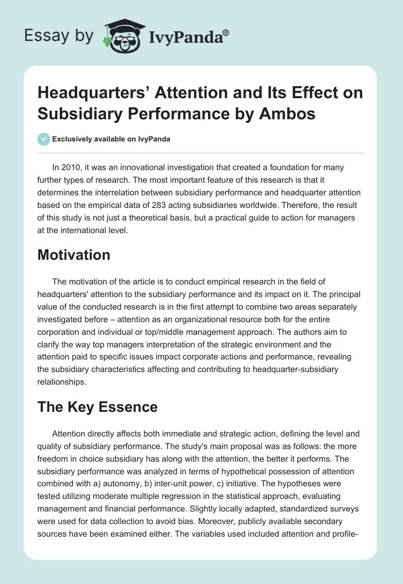 "Headquarters’ Attention and Its Effect on Subsidiary Performance" by Ambos. Page 1
