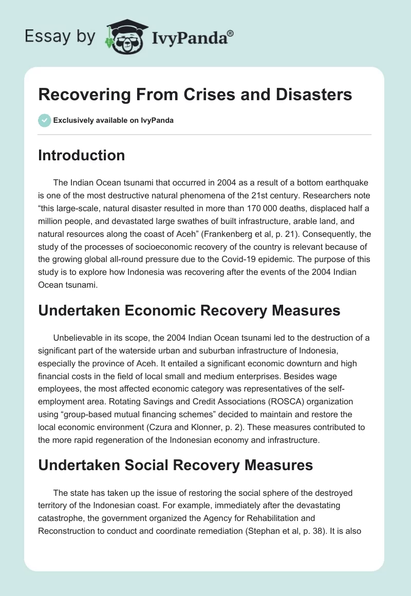 Recovering From Crises and Disasters. Page 1
