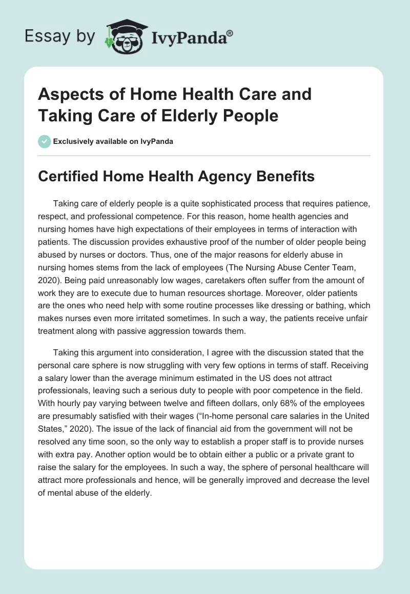 Aspects of Home Health Care and Taking Care of Elderly People. Page 1