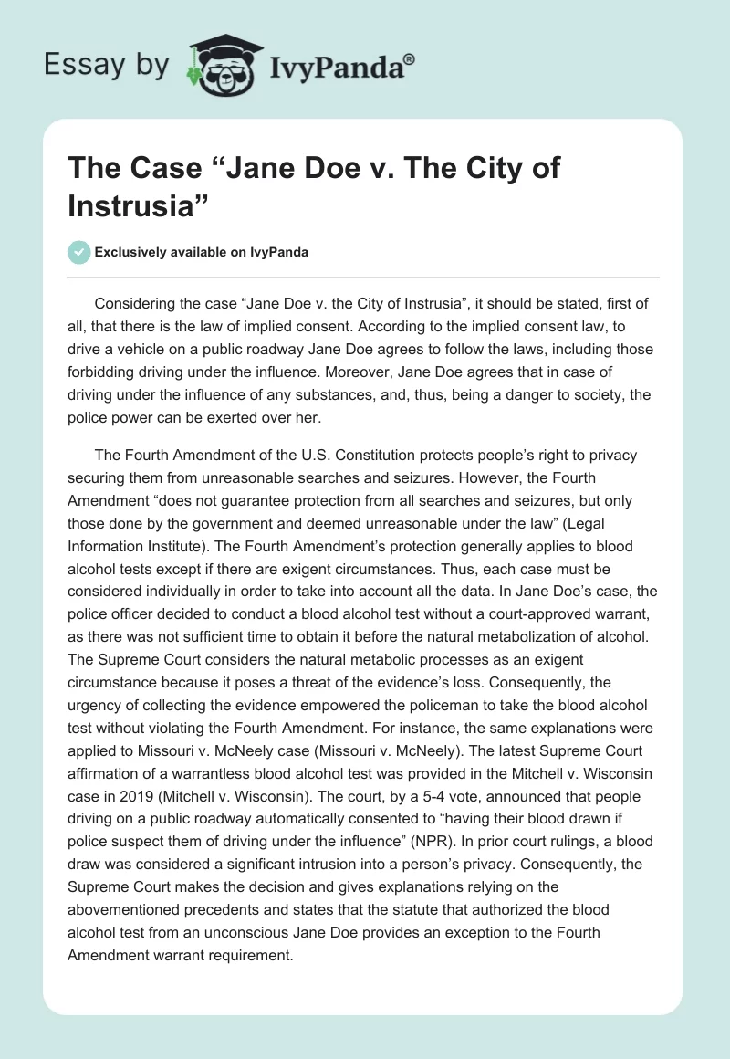 The Case “Jane Doe v. The City of Instrusia”. Page 1