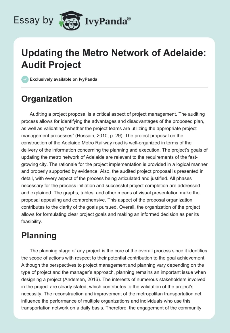 Updating the Metro Network of Adelaide: Audit Project. Page 1