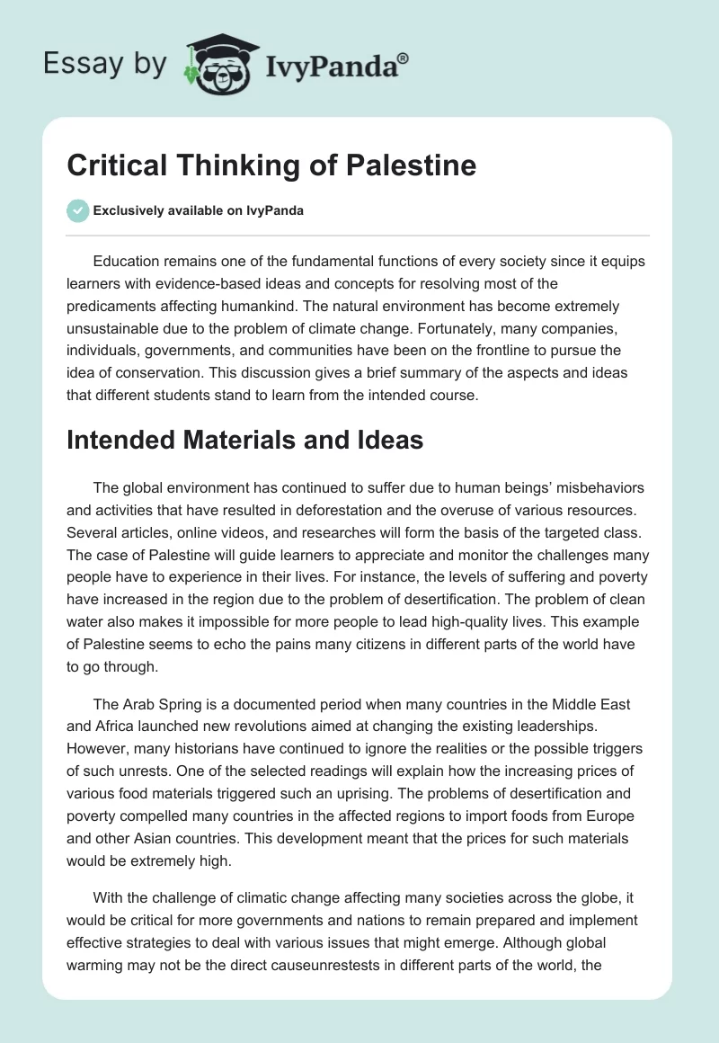 Critical Thinking of Palestine. Page 1