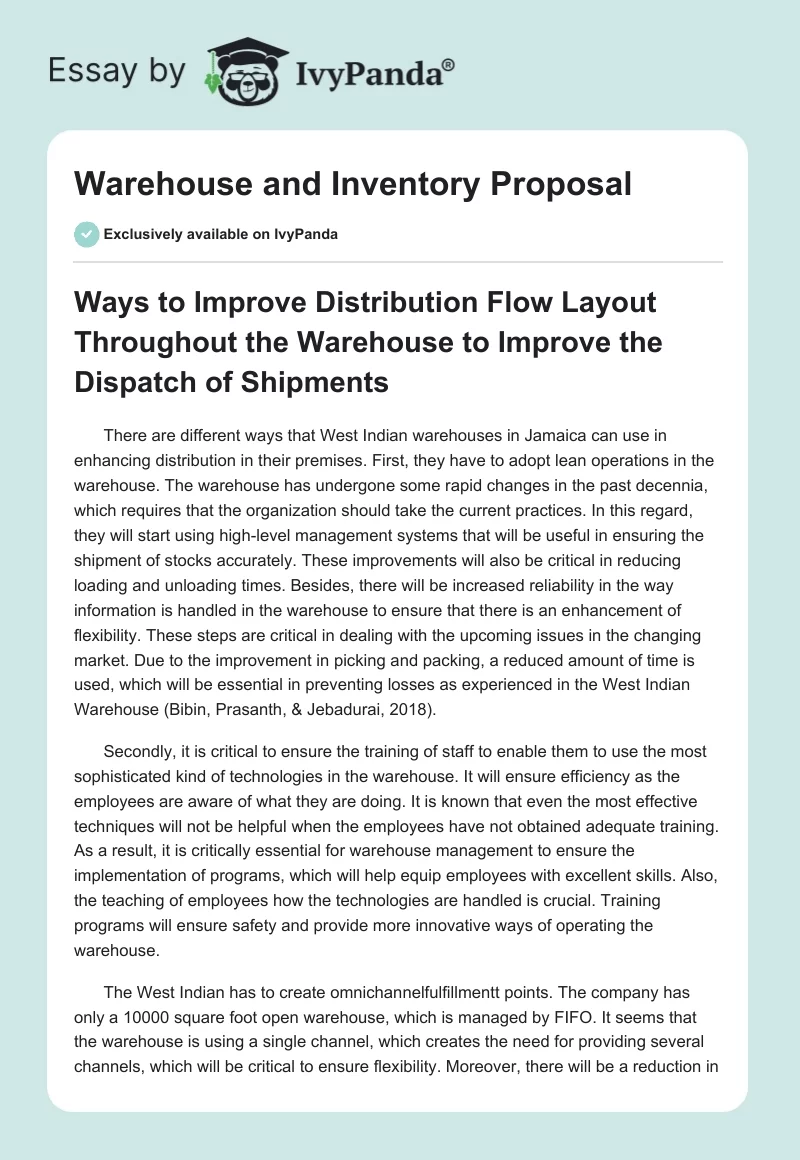 Warehouse and Inventory Proposal. Page 1
