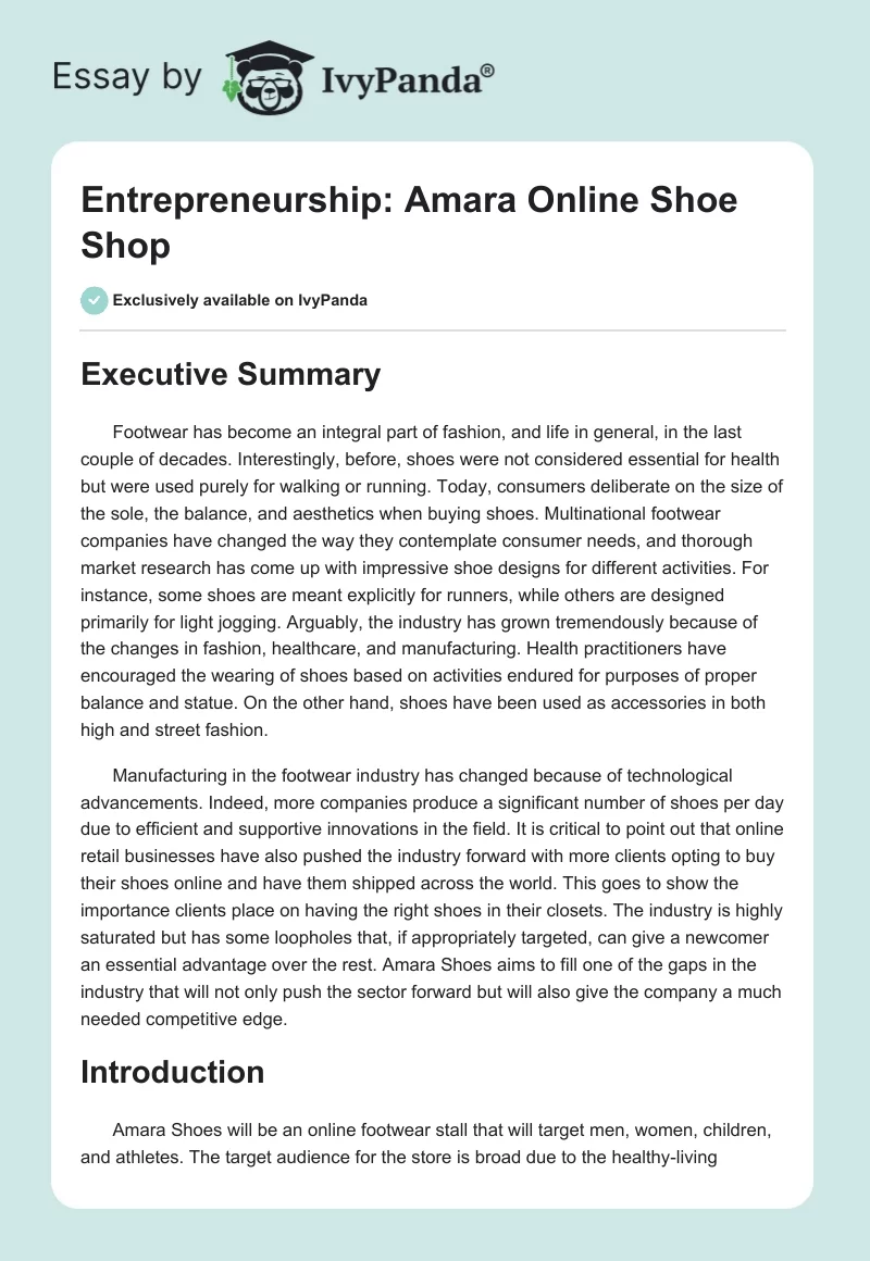Entrepreneurship: Amara Online Shoe Shop. Page 1