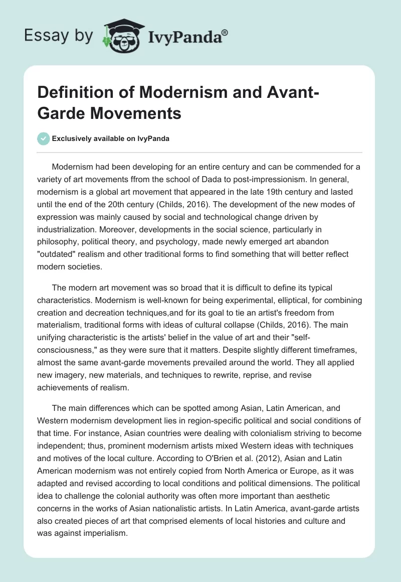 Definition of Modernism and Avant-Garde Movements. Page 1