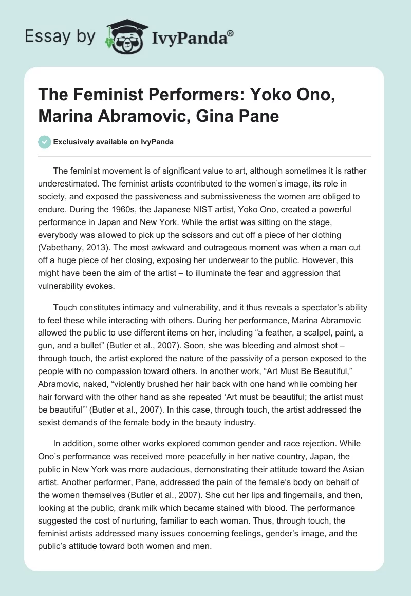 The Feminist Performers: Yoko Ono, Marina Abramovic, Gina Pane. Page 1