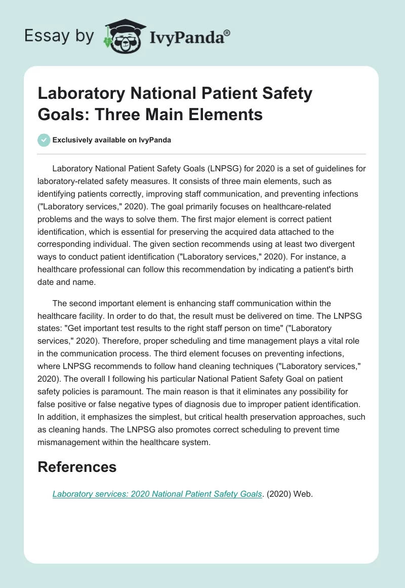 Laboratory National Patient Safety Goals: Three Main Elements. Page 1