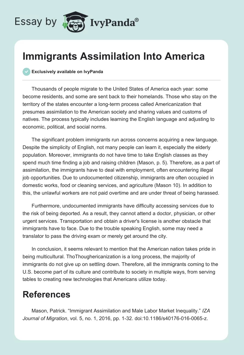Immigrants Assimilation Into America. Page 1