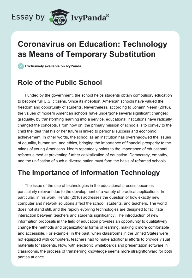 Coronavirus on Education: Technology as Means of Temporary Substitution. Page 1