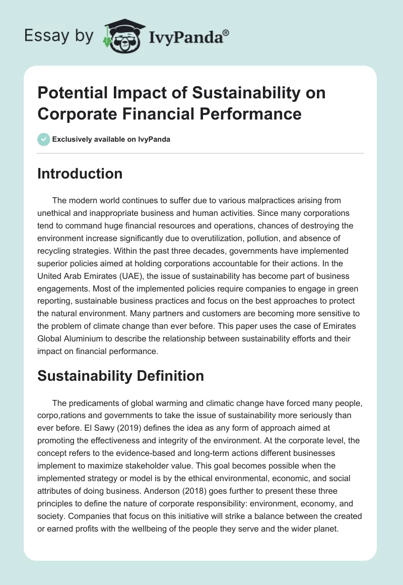 Potential Impact of Sustainability on Corporate Financial Performance. Page 1