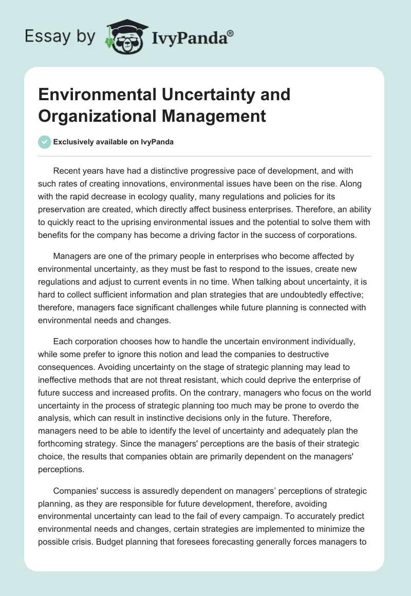 Environmental Uncertainty and Organizational Management. Page 1