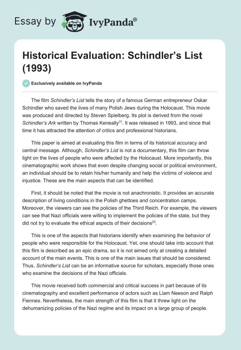 Historical Evaluation: Schindler’s List (1993). Page 1