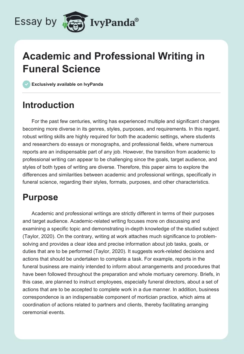 Academic and Professional Writing in Funeral Science. Page 1