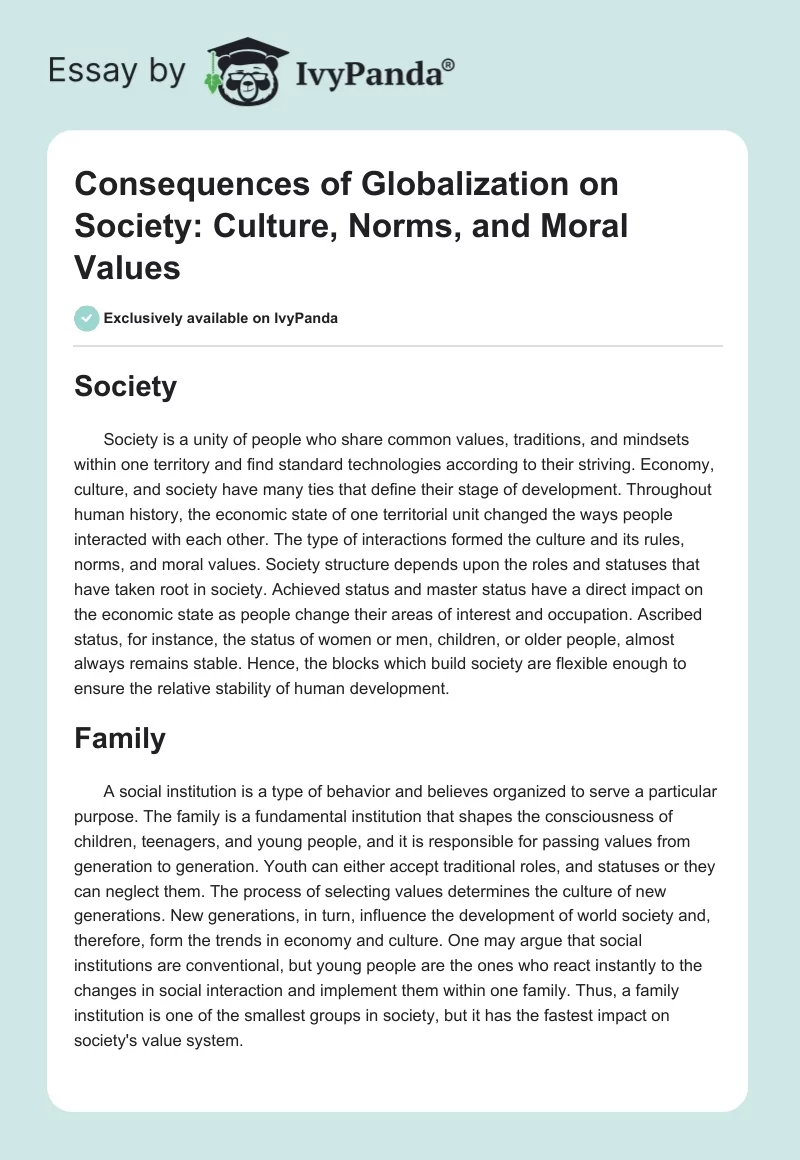 Consequences of Globalization on Society: Culture, Norms, and Moral Values. Page 1