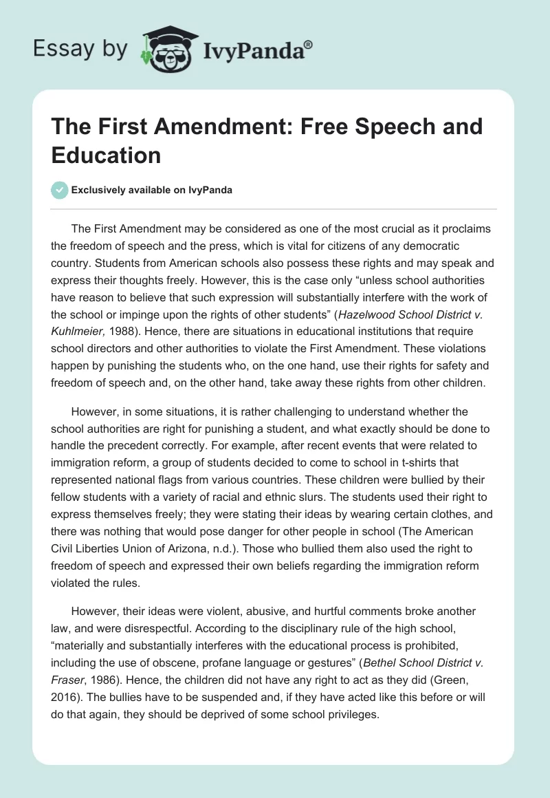 The First Amendment: Free Speech and Education. Page 1