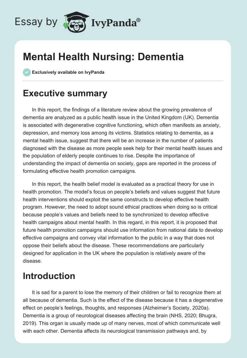 Mental Health Nursing: Dementia. Page 1