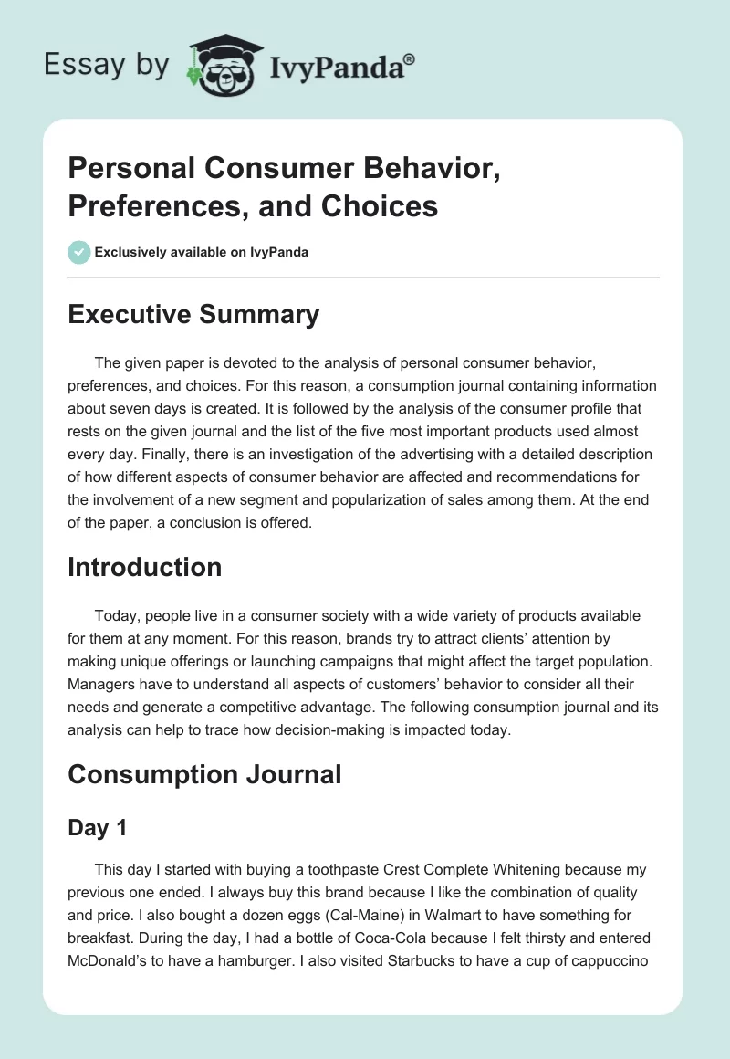 Personal Consumer Behavior, Preferences, and Choices. Page 1