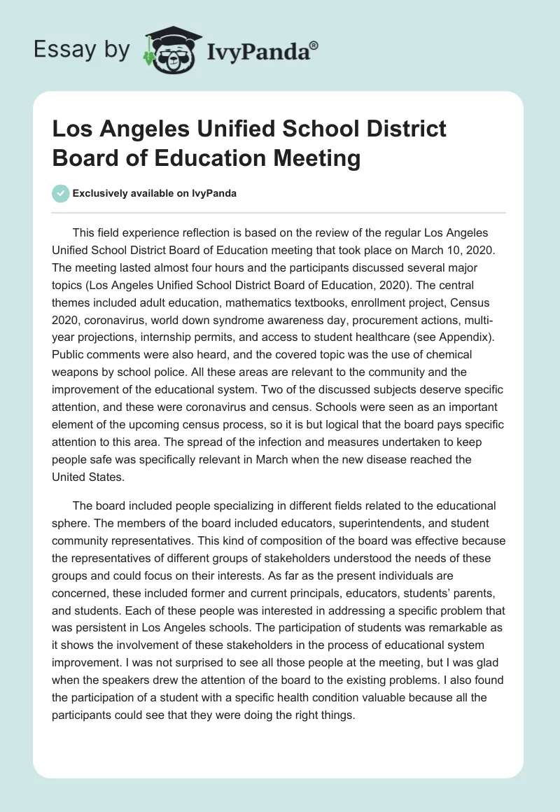 Los Angeles Unified School District Board of Education Meeting. Page 1