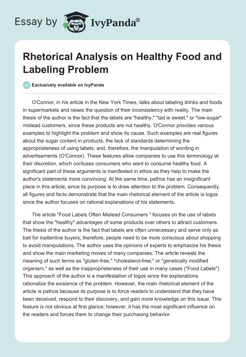 Rhetorical Analysis on Healthy Food and Labeling Problem. Page 1