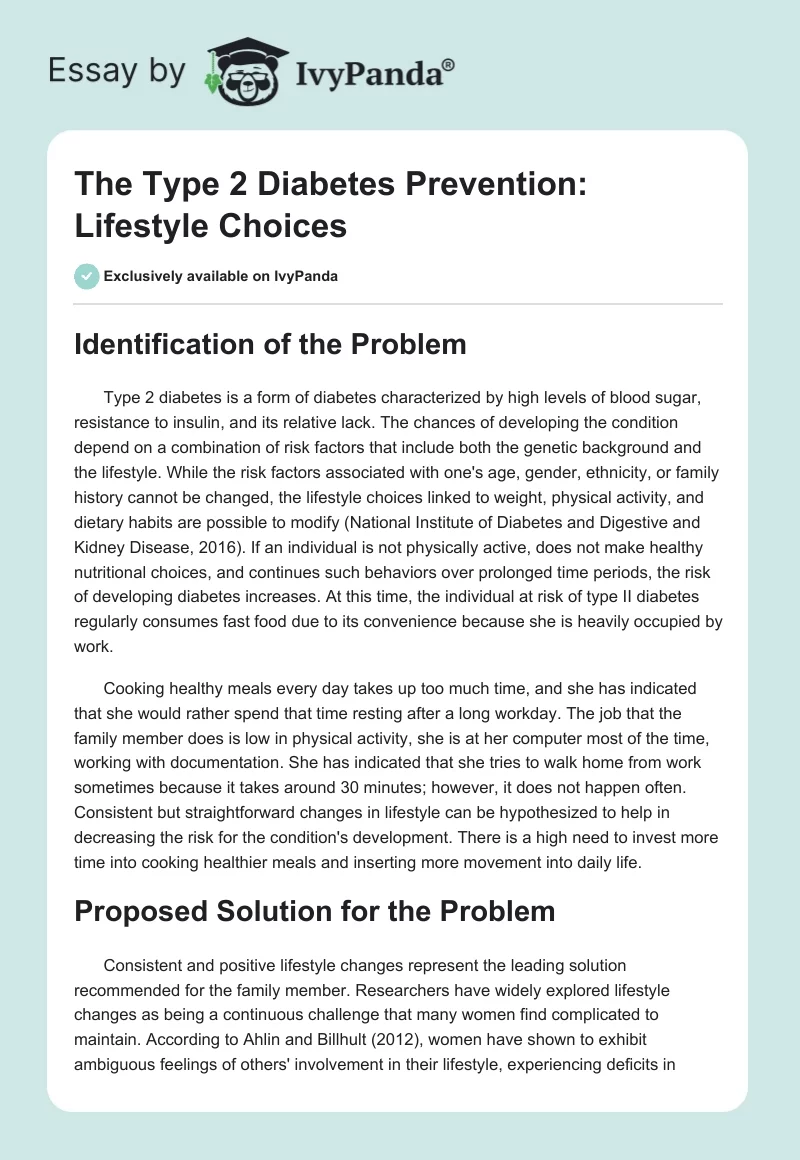 The Type 2 Diabetes Prevention: Lifestyle Choices. Page 1