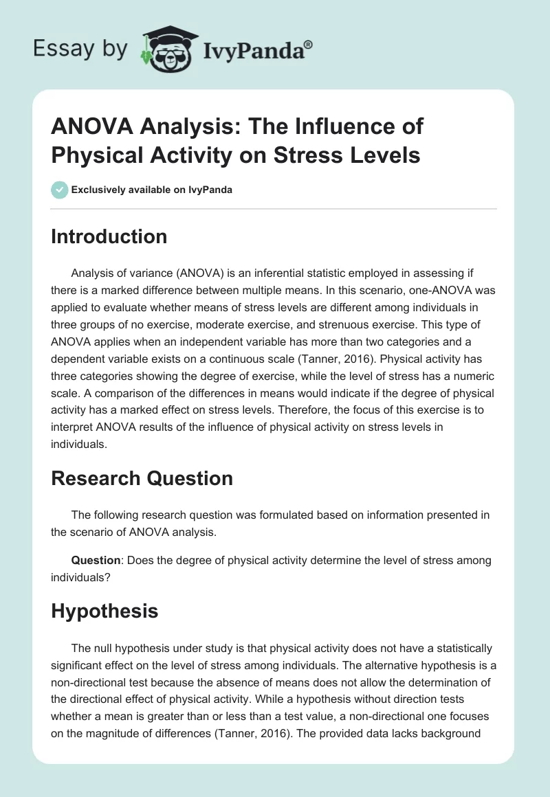 ANOVA Analysis: The Influence of Physical Activity on Stress Levels. Page 1