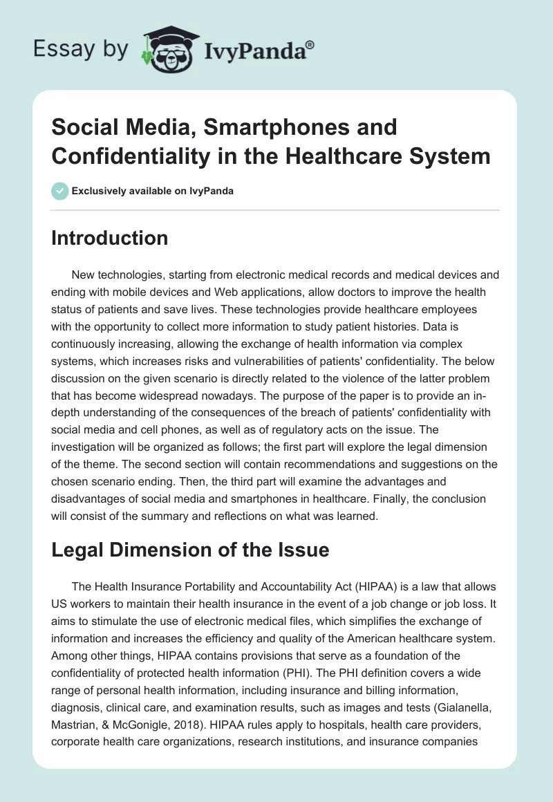 Social Media, Smartphones and Confidentiality in the Healthcare System. Page 1
