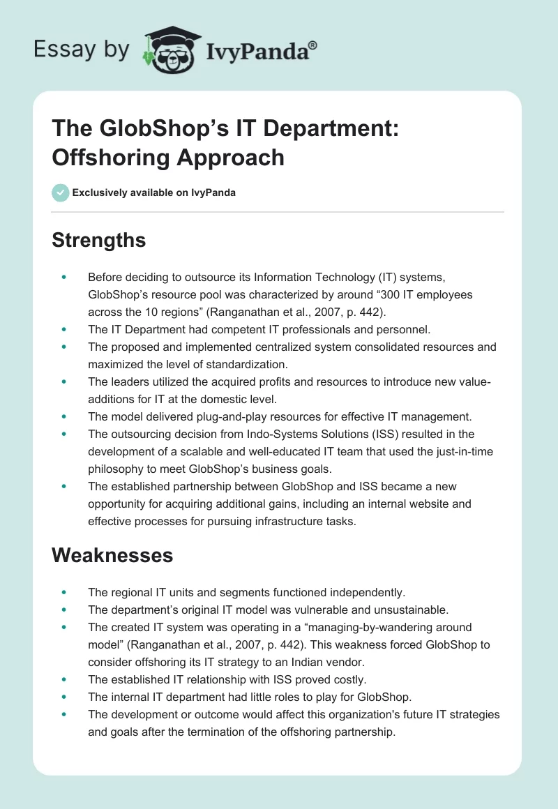 The GlobShop’s IT Department: Offshoring Approach. Page 1