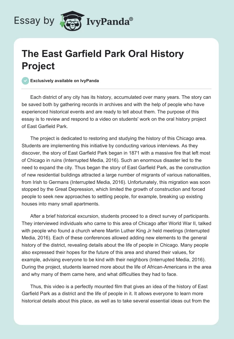The East Garfield Park Oral History Project. Page 1