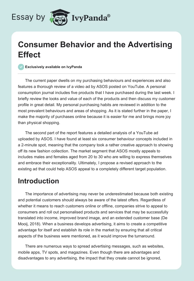 Consumer Behavior and the Advertising Effect. Page 1
