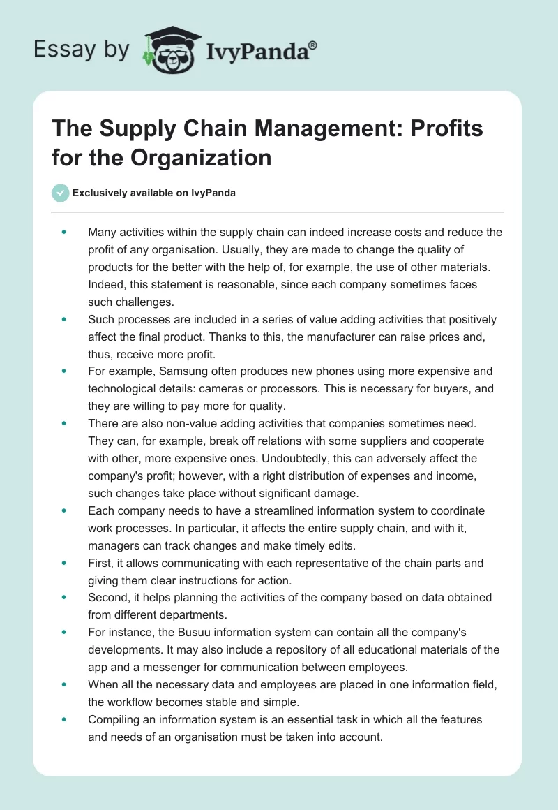 The Supply Chain Management: Profits for the Organization. Page 1