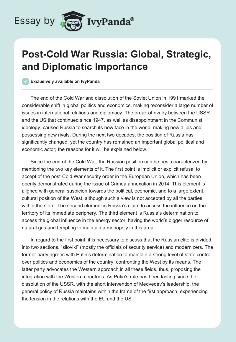 Post-Cold War Russia: Global, Strategic, and Diplomatic Importance. Page 1