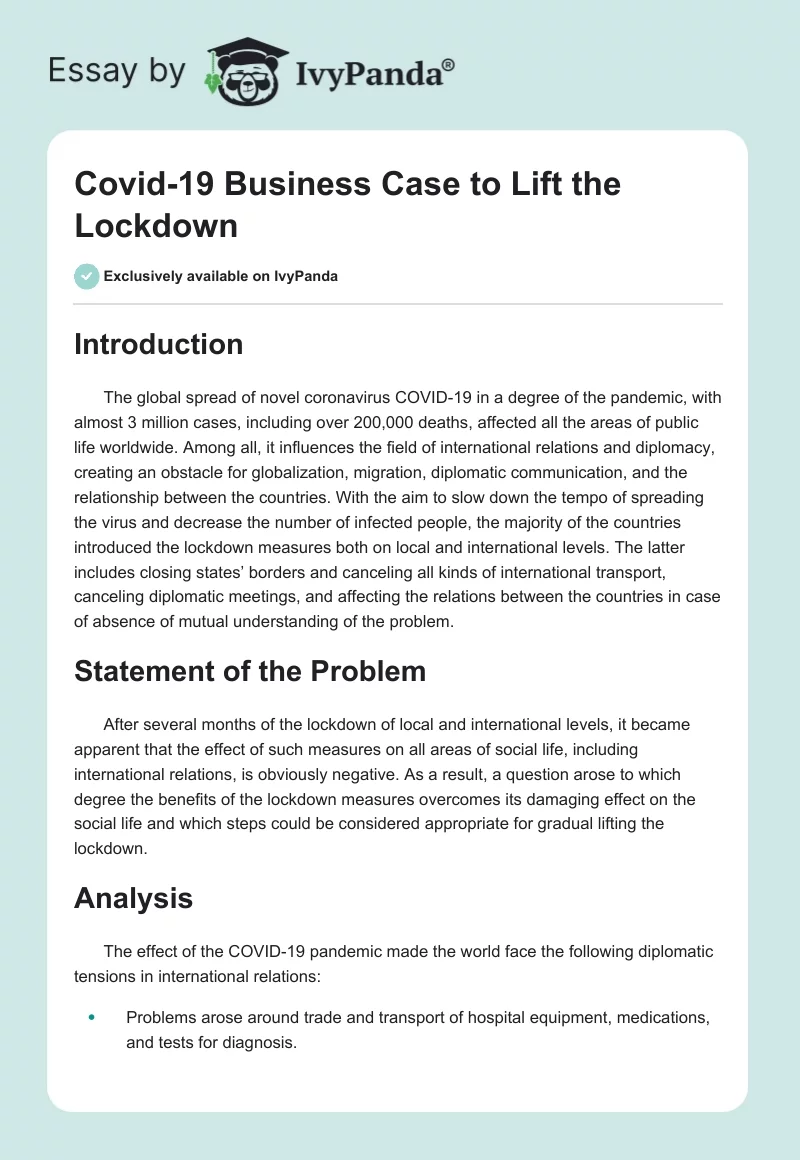 Covid-19 Business Case to Lift the Lockdown. Page 1
