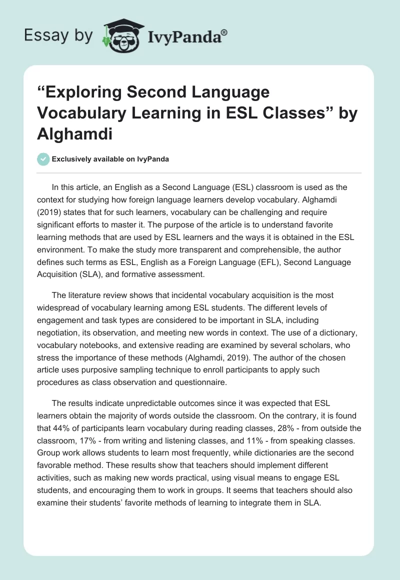 “Exploring Second Language Vocabulary Learning in ESL Classes” by Alghamdi. Page 1