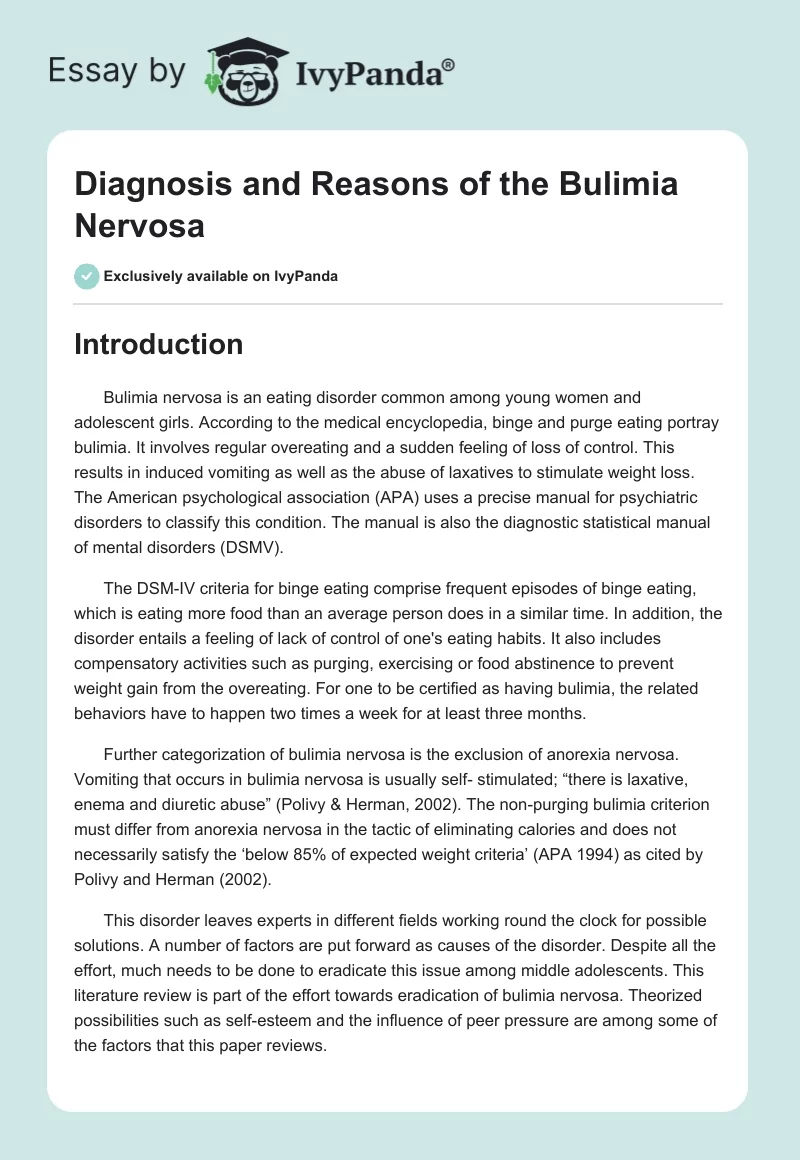 Diagnosis and Reasons of the Bulimia Nervosa. Page 1