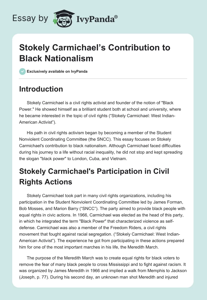 Stokely Carmichael’s Contribution to Black Nationalism. Page 1