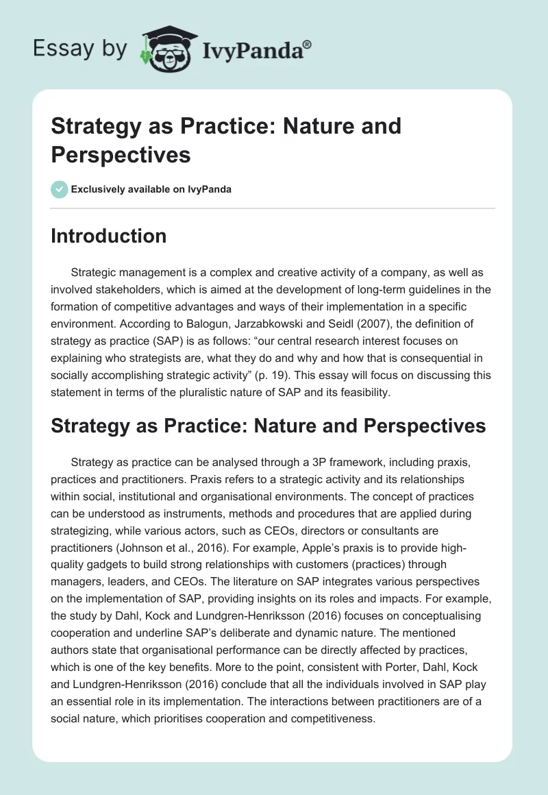 Strategy as Practice: Nature and Perspectives. Page 1