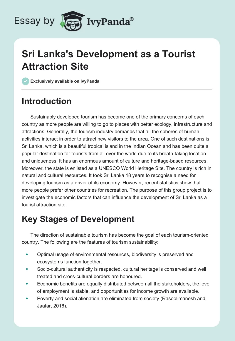 Sri Lanka's Development as a Tourist Attraction Site. Page 1