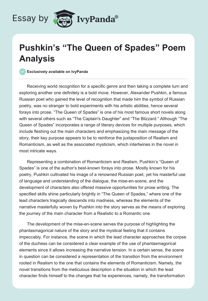 Pushkin’s “The Queen of Spades” Poem Analysis. Page 1