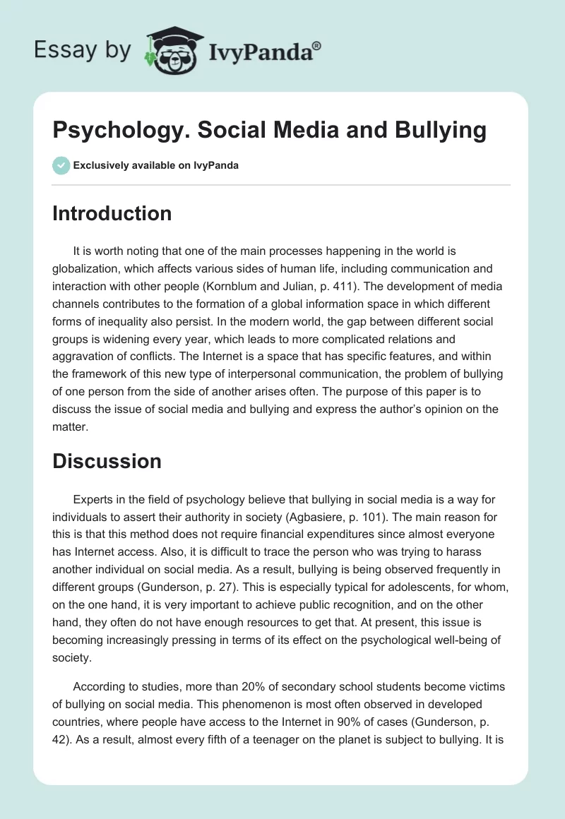 Psychology: Social Media and Bullying. Page 1