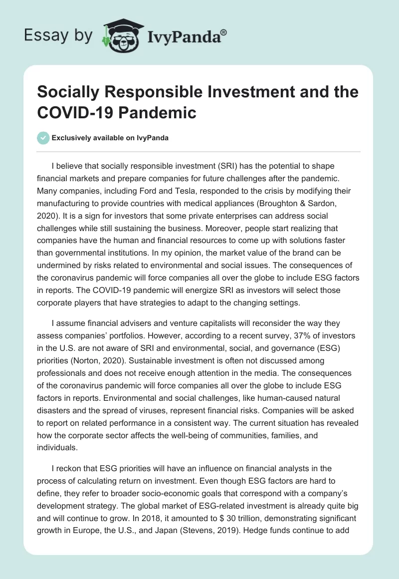 Socially Responsible Investment and the COVID-19 Pandemic. Page 1