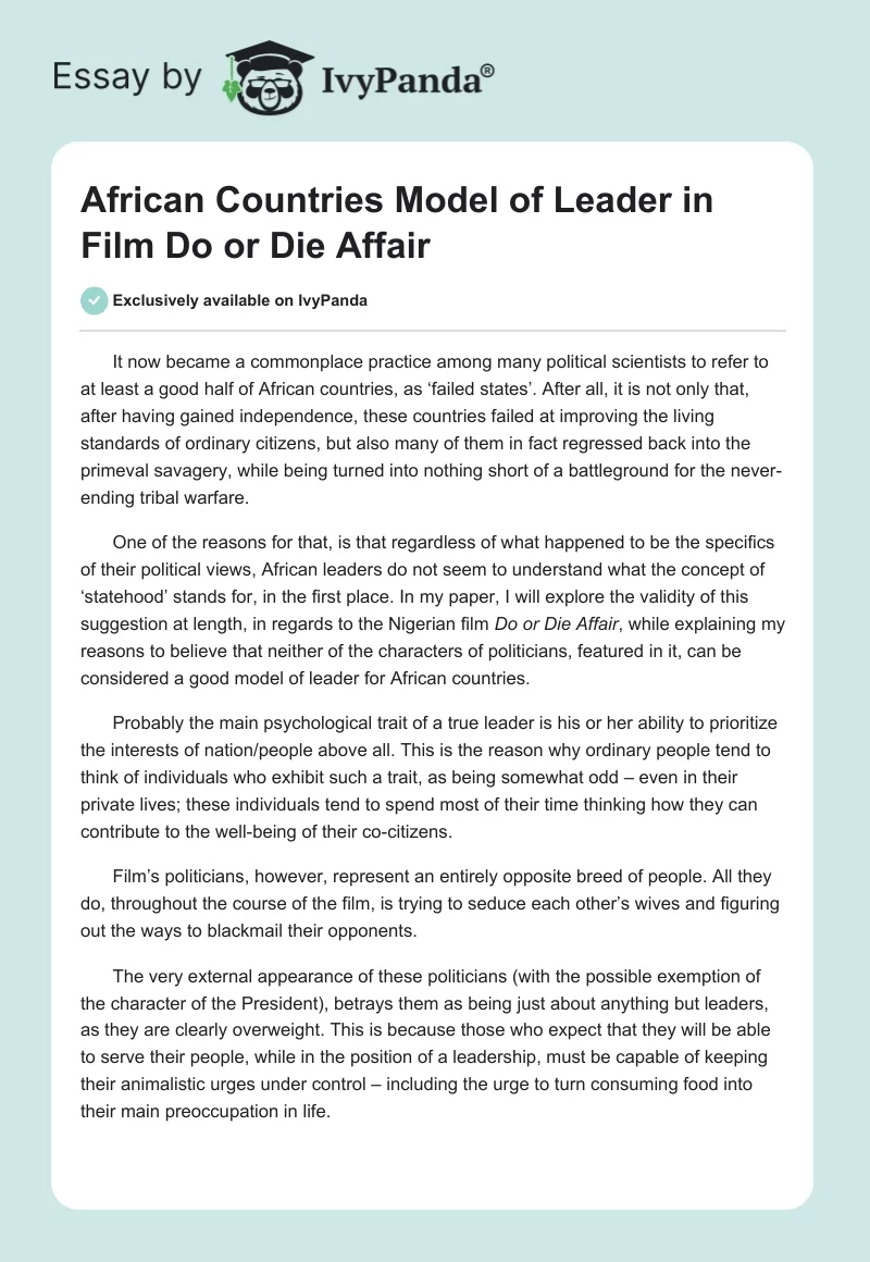 African Countries Model of Leader in Film Do or Die Affair. Page 1