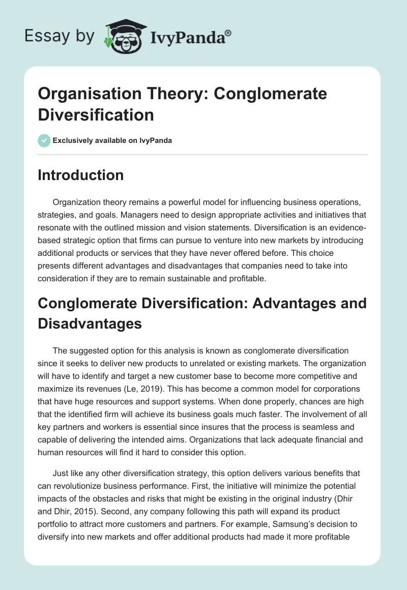 Organisation Theory: Conglomerate Diversification. Page 1