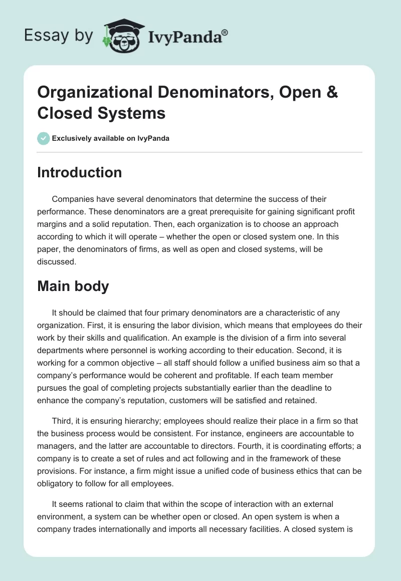 Organizational Denominators, Open & Closed Systems. Page 1